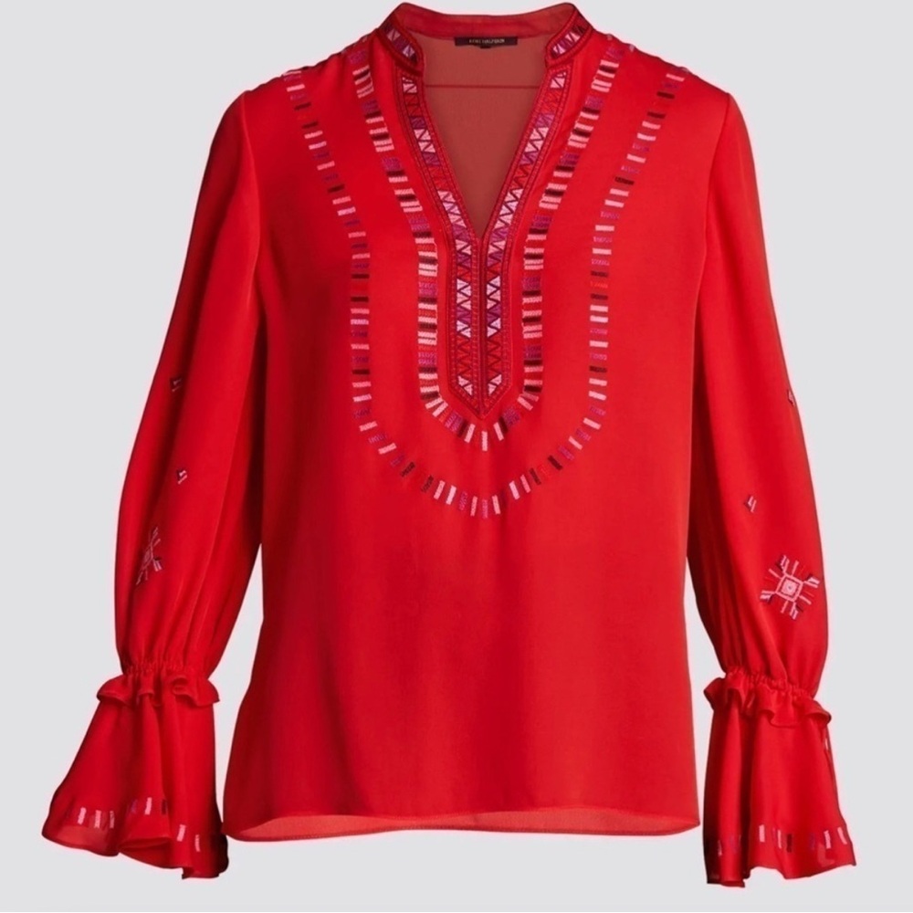 Kobi Halperin Red Embroidered Blouse 100% Silk